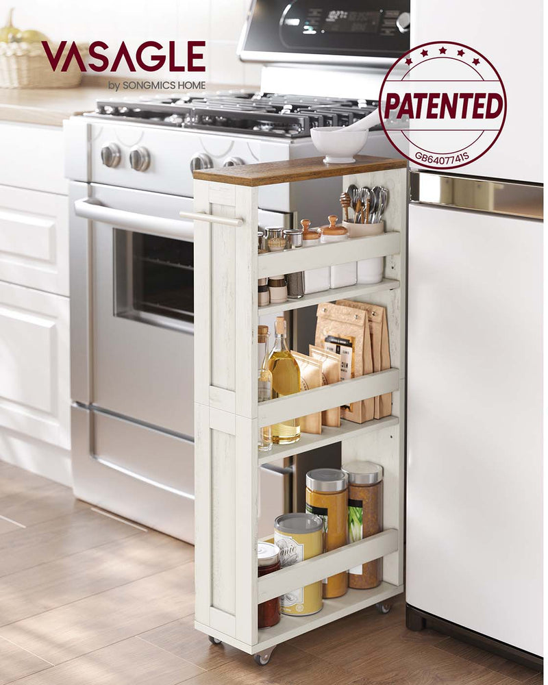 Slim 4 Tier Kitchen Storage Trolley with Wheels Rustic White and Brown by Vasagle