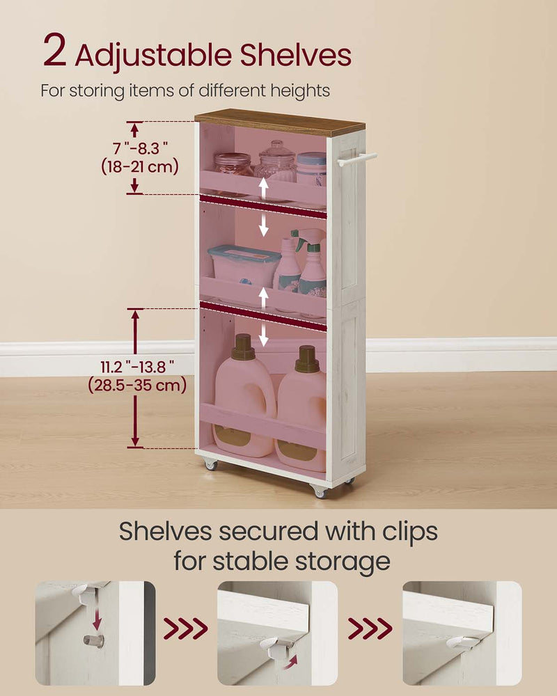 Slim 4 Tier Kitchen Storage Trolley with Wheels Rustic White and Brown by Vasagle