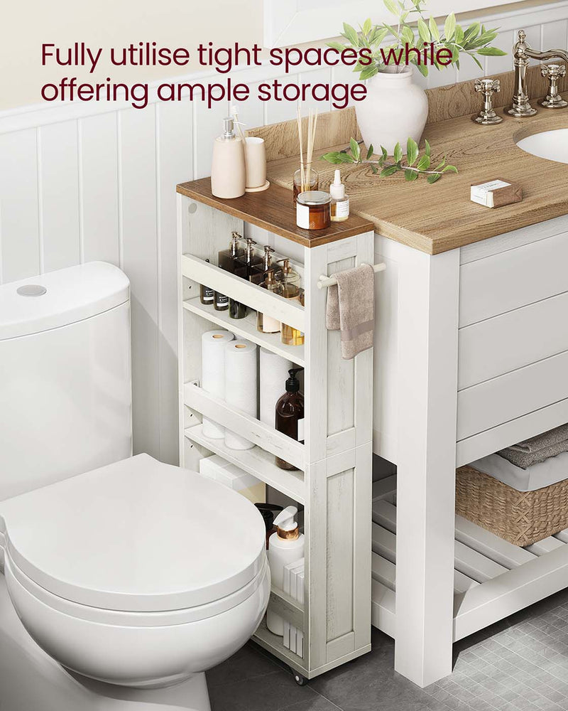 Slim 4 Tier Kitchen Storage Trolley with Wheels Rustic White and Brown by Vasagle