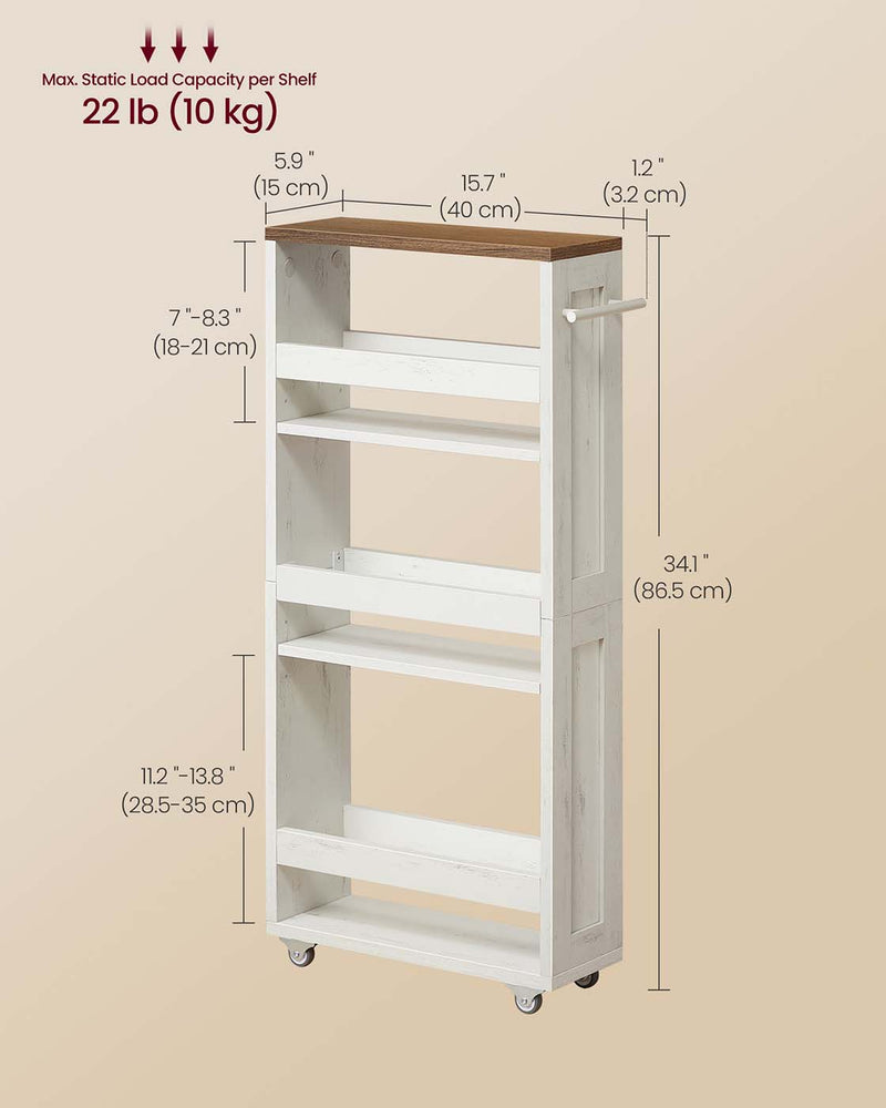 Slim 4 Tier Kitchen Storage Trolley with Wheels Rustic White and Brown by Vasagle
