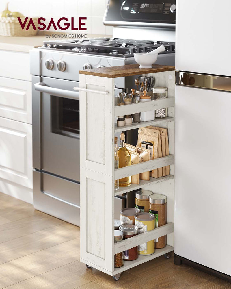 4 Tier Slim Kitchen Storage Trolley with Wheels Rustic White and Brown by Vasagle