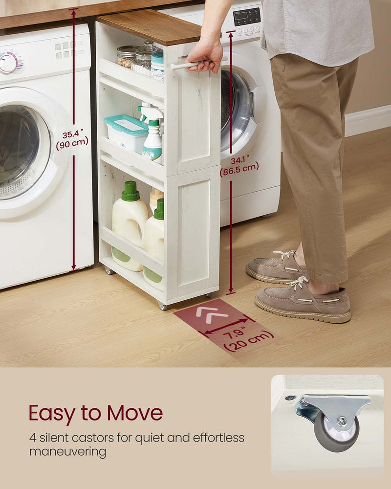 4 Tier Slim Kitchen Storage Trolley with Wheels Rustic White and Brown by Vasagle