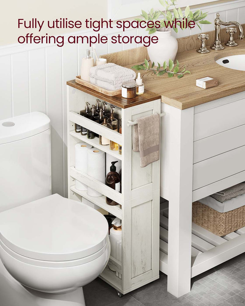 4 Tier Slim Kitchen Storage Trolley with Wheels Rustic White and Brown by Vasagle