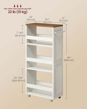 4 Tier Slim Kitchen Storage Trolley with Wheels Rustic White and Brown by Vasagle