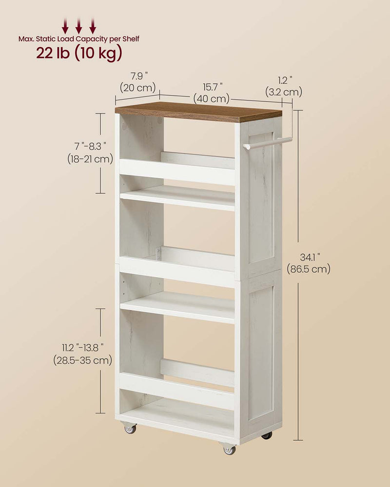 4 Tier Slim Kitchen Storage Trolley with Wheels Rustic White and Brown by Vasagle