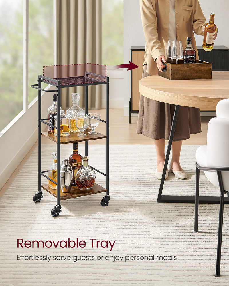 Rustic Brown and Black 3 Tier Kitchen Serving Trolley with Removable Tray by Vasagle