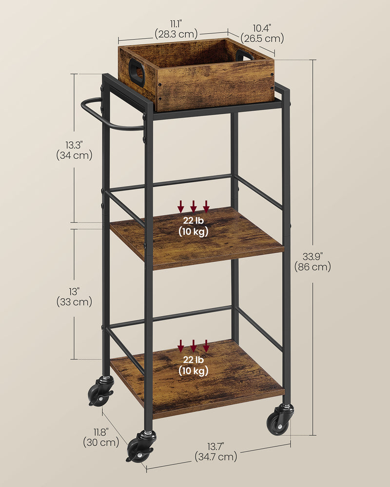 Rustic Brown and Black 3 Tier Kitchen Serving Trolley with Removable Tray by Vasagle