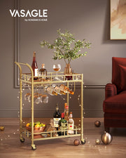 Gold Drinks Trolley with Wheels and Glass Shelves for Home or Bar by Vasagle