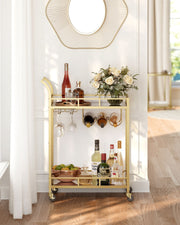 Gold Drinks Trolley with Wheels and Glass Shelves for Home or Bar by Vasagle