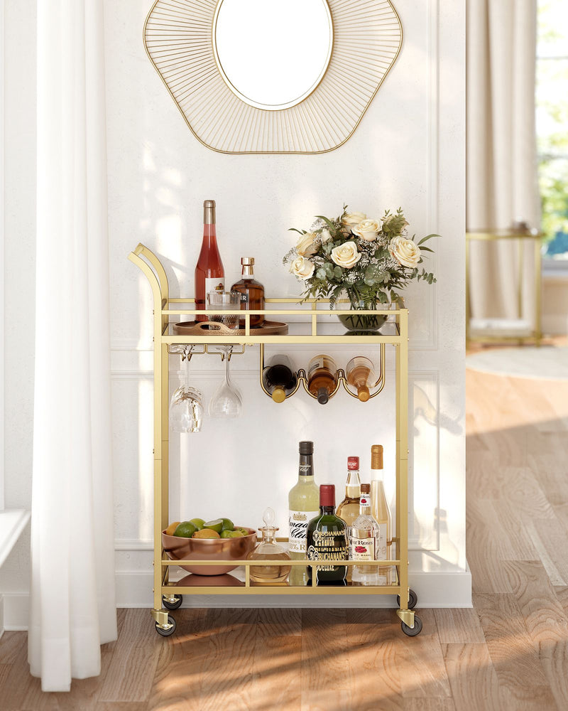 Gold Drinks Trolley with Wheels and Glass Shelves for Home or Bar by Vasagle