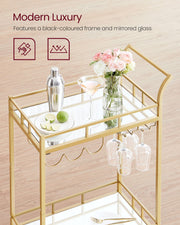 Gold Drinks Trolley with Wheels and Glass Shelves for Home or Bar by Vasagle