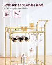 Gold Drinks Trolley with Wheels and Glass Shelves for Home or Bar by Vasagle