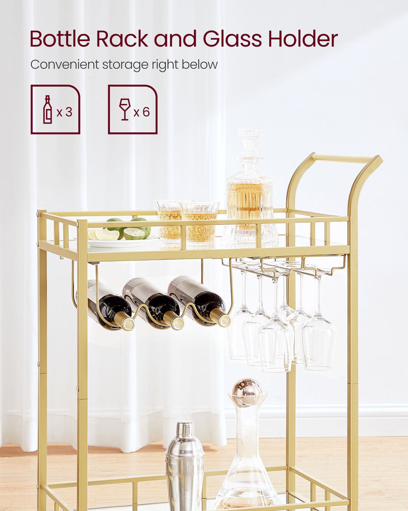 Gold Drinks Trolley with Wheels and Glass Shelves for Home or Bar by Vasagle