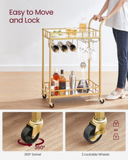 Gold Drinks Trolley with Wheels and Glass Shelves for Home or Bar by Vasagle