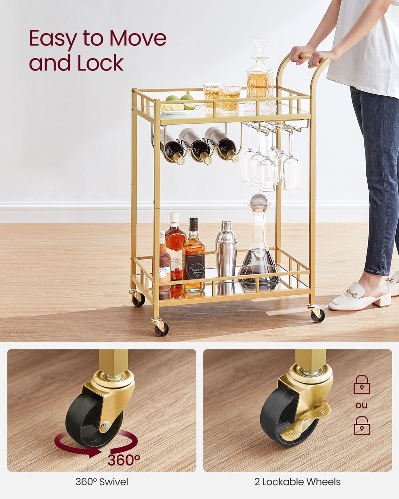 Gold Drinks Trolley with Wheels and Glass Shelves for Home or Bar by Vasagle
