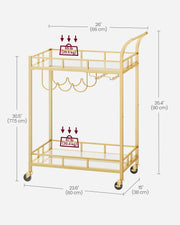 Gold Drinks Trolley with Wheels and Glass Shelves for Home or Bar by Vasagle