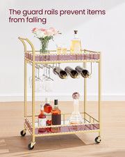 Gold Drinks Trolley with Wheels and Glass Shelves for Home or Bar by Vasagle