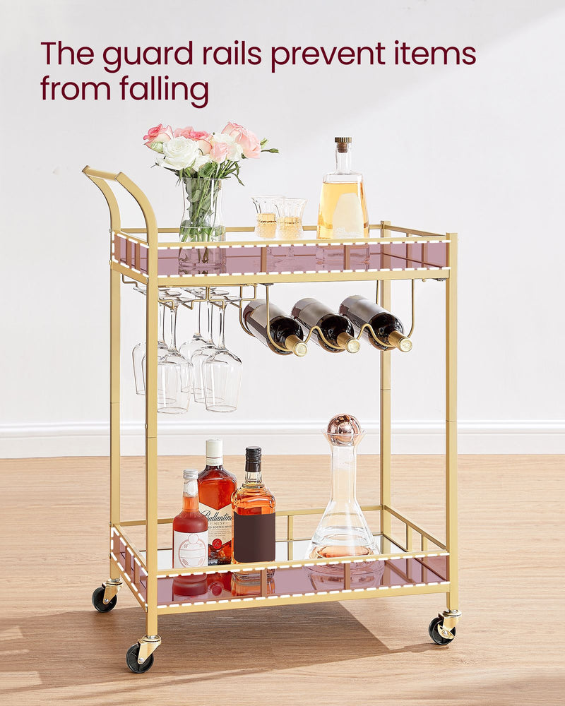 Gold Drinks Trolley with Wheels and Glass Shelves for Home or Bar by Vasagle