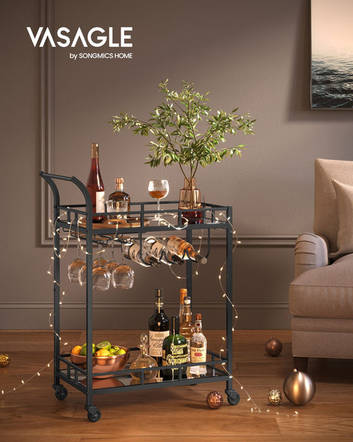 Black Drinks Trolley with Wheels and Two Shelves for Home or Bar Use by Vasagle