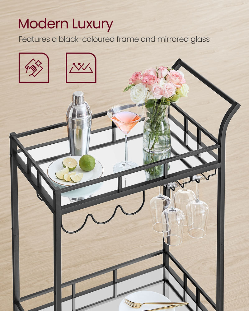 Black Drinks Trolley with Wheels and Two Shelves for Home or Bar Use by Vasagle