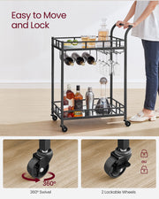 Black Drinks Trolley with Wheels and Two Shelves for Home or Bar Use by Vasagle