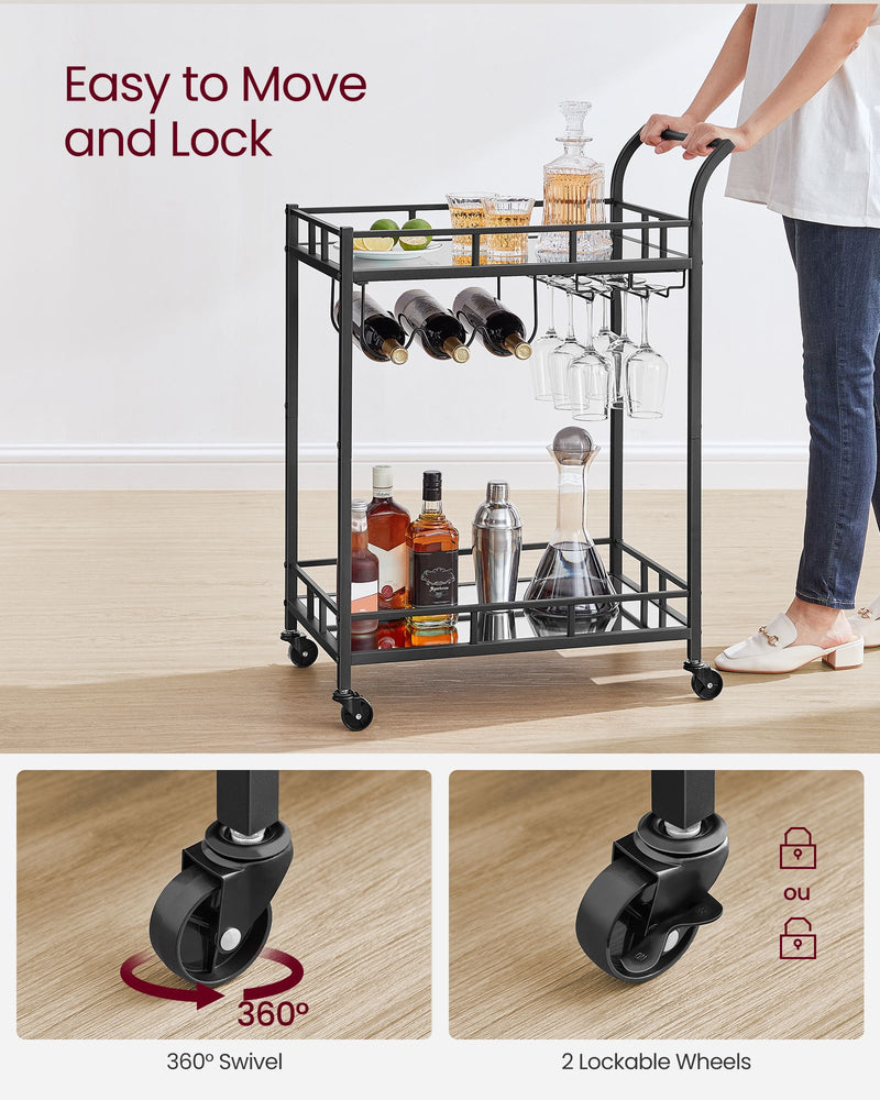 Black Drinks Trolley with Wheels and Two Shelves for Home or Bar Use by Vasagle