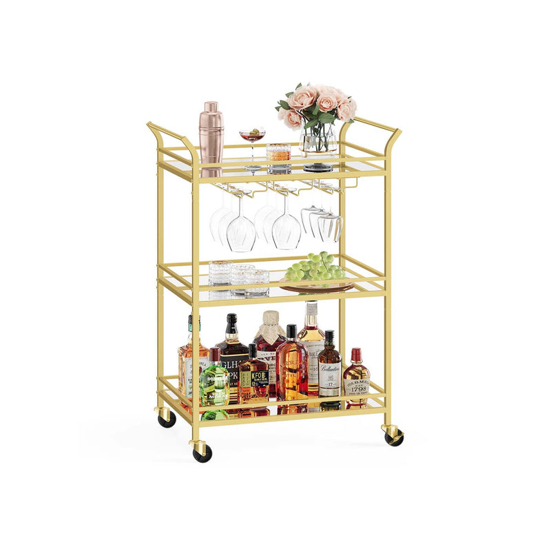 Gold 3 Tier Drinks Trolley with Wheels and Handles for Serving and Storage by Vasagle