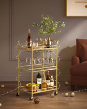 Gold 3 Tier Drinks Trolley with Wheels and Handles for Serving and Storage by Vasagle