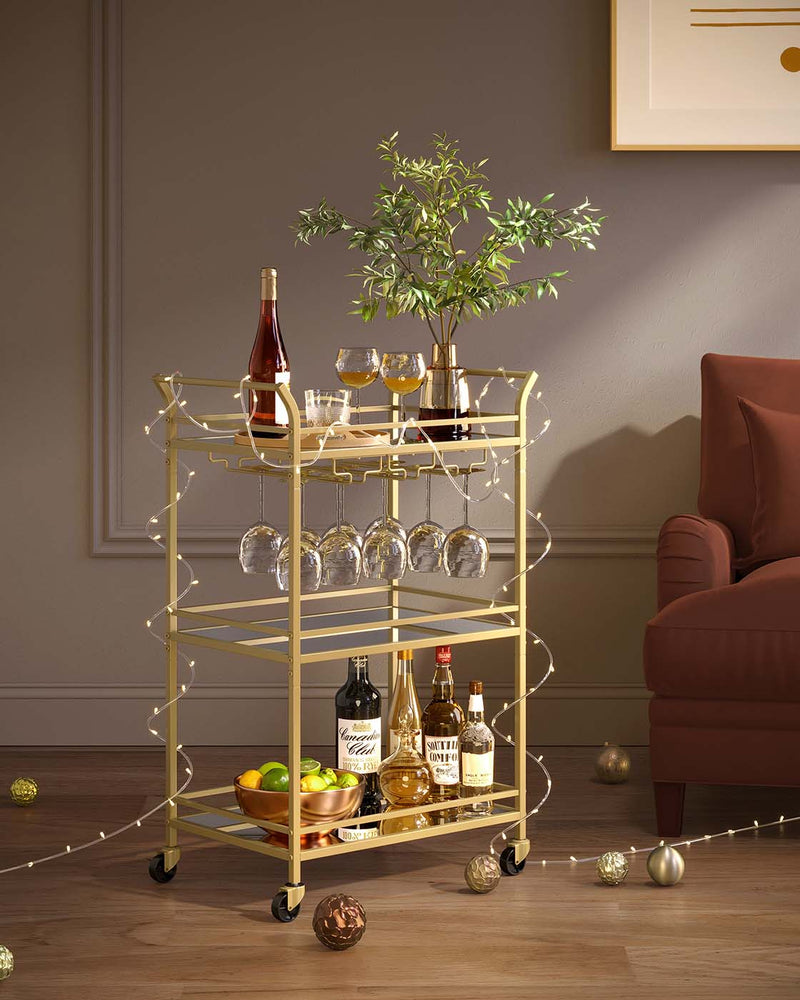 Gold 3 Tier Drinks Trolley with Wheels and Handles for Serving and Storage by Vasagle