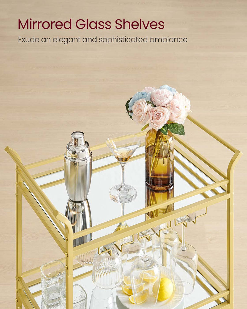 Gold 3 Tier Drinks Trolley with Wheels and Handles for Serving and Storage by Vasagle