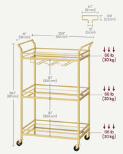 Gold 3 Tier Drinks Trolley with Wheels and Handles for Serving and Storage by Vasagle
