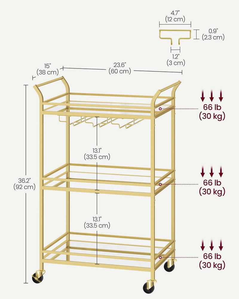 Gold 3 Tier Drinks Trolley with Wheels and Handles for Serving and Storage by Vasagle