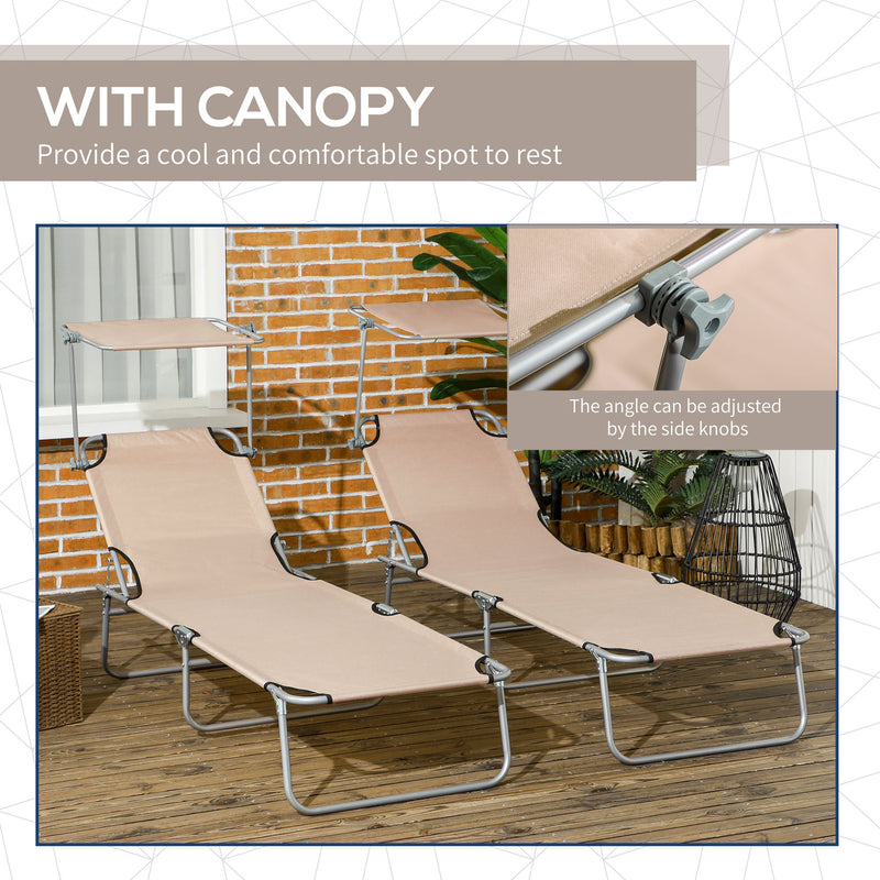 Set of 2 Foldable Sun Loungers With Adjustable Backrest and Sun Shade For Garden or Beach