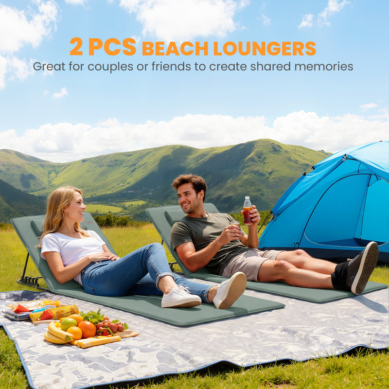 Folding Beach Loungers Set of 2 with Adjustable Backrest and Side Pocket Grey