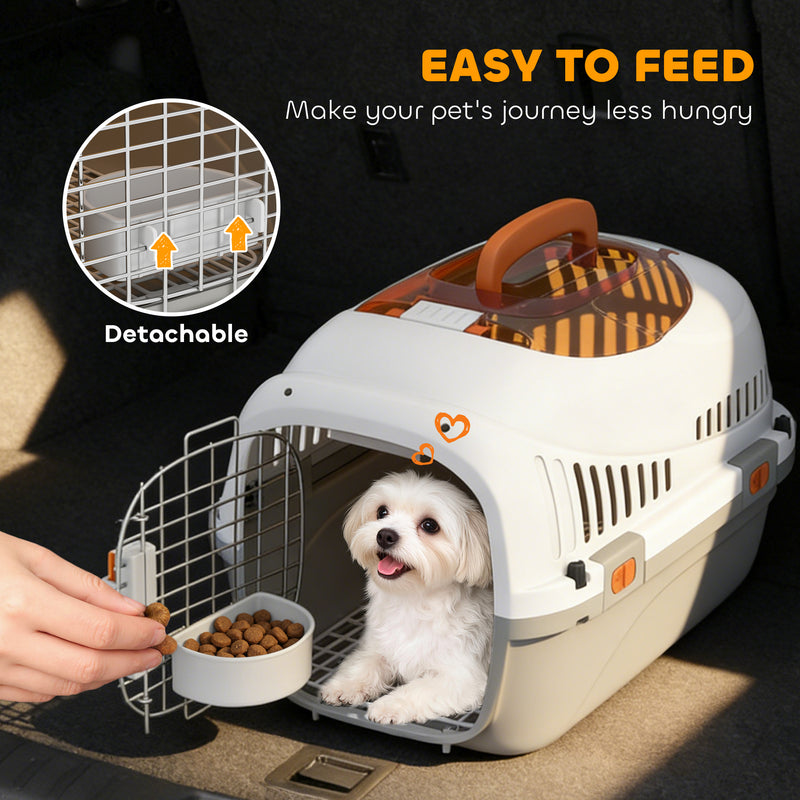 Plastic Pet Carrier with Secure Steel Door and Feeding Bowl for Cats and Small Dogs Grey