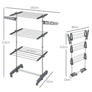 Folding Clothes Airer with Three Shelves and Side Arms on Wheels for Indoor Use, Grey