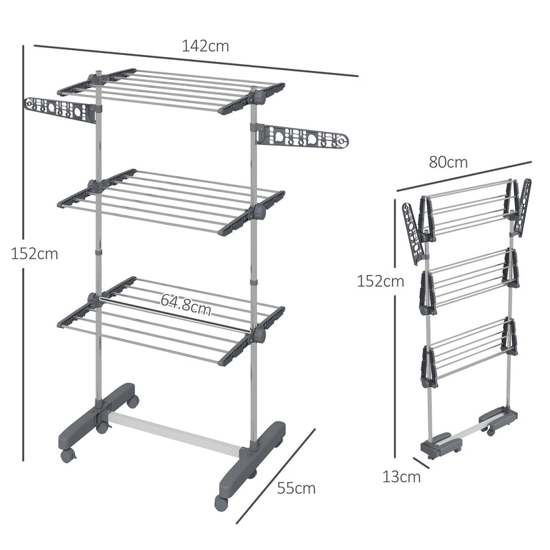 Folding Clothes Airer with Three Shelves and Side Arms on Wheels for Indoor Use, Grey