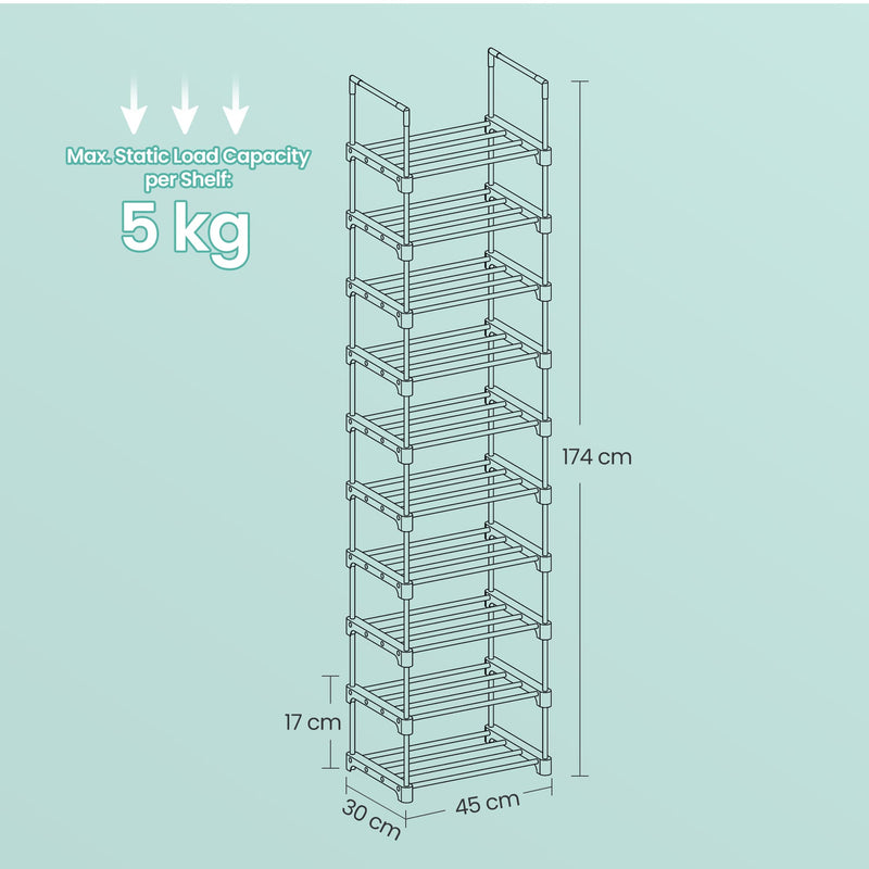 10 Tier Metal Shoe Rack with Customisable Design for Organised Storage by Songmics