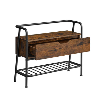 Rustic Brown and Black Shoe Storage Bench with Cushioned Seat and Shelves by Vasagle