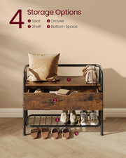 Rustic Brown and Black Shoe Storage Bench with Cushioned Seat and Shelves by Vasagle