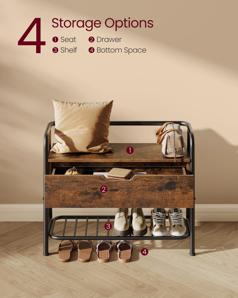 Rustic Brown and Black Shoe Storage Bench with Cushioned Seat and Shelves by Vasagle