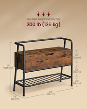 Rustic Brown and Black Shoe Storage Bench with Cushioned Seat and Shelves by Vasagle
