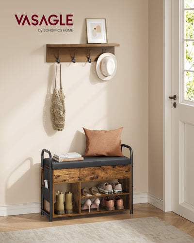 Rustic Brown Shoe Storage Bench with Cushioned Seat and Metal Frame by Vasagle