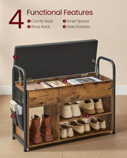 Rustic Brown Shoe Storage Bench with Cushioned Seat and Metal Frame by Vasagle