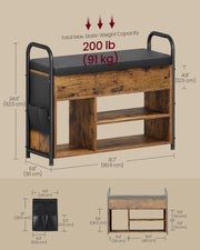 Rustic Brown Shoe Storage Bench with Cushioned Seat and Metal Frame by Vasagle