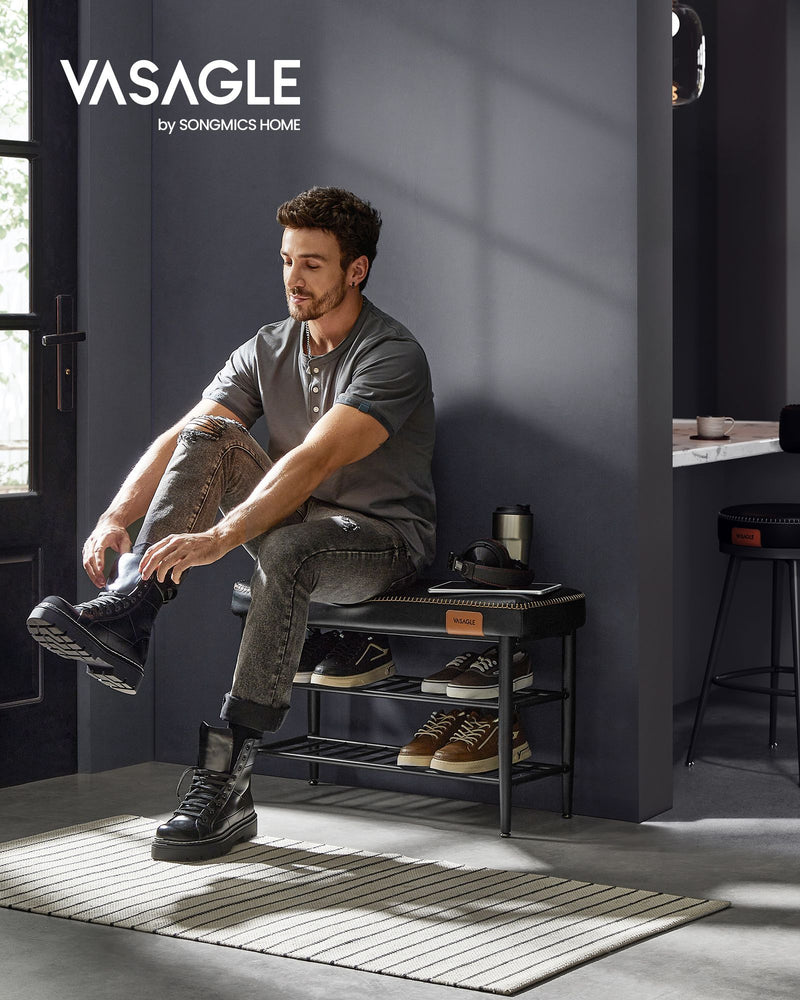 Black Shoe Bench with Cushioned Seat and Storage Shelf in Synthetic Leather by Vasagle