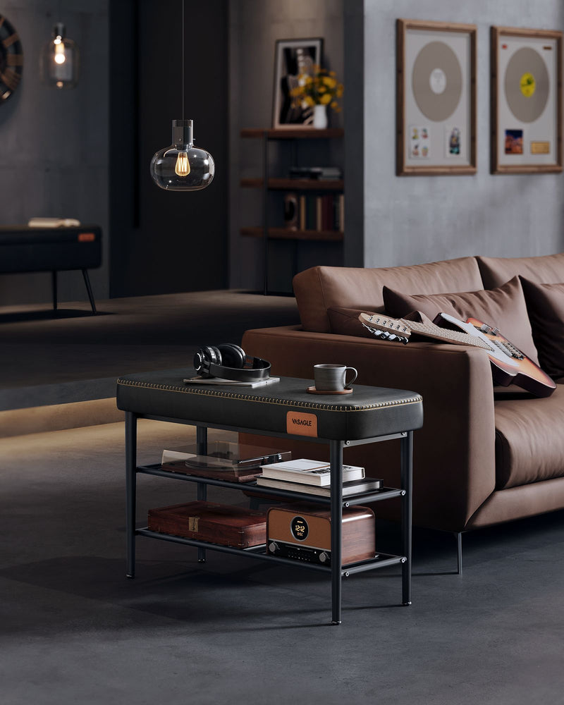 Black Shoe Bench with Cushioned Seat and Storage Shelf in Synthetic Leather by Vasagle