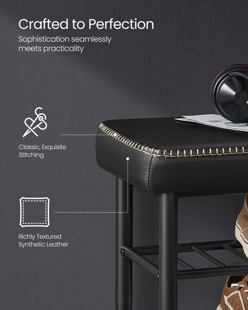 Black Shoe Bench with Cushioned Seat and Storage Shelf in Synthetic Leather by Vasagle