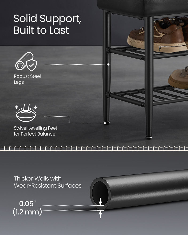 Black Shoe Bench with Cushioned Seat and Storage Shelf in Synthetic Leather by Vasagle