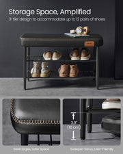 Black Shoe Bench with Cushioned Seat and Storage Shelf in Synthetic Leather by Vasagle